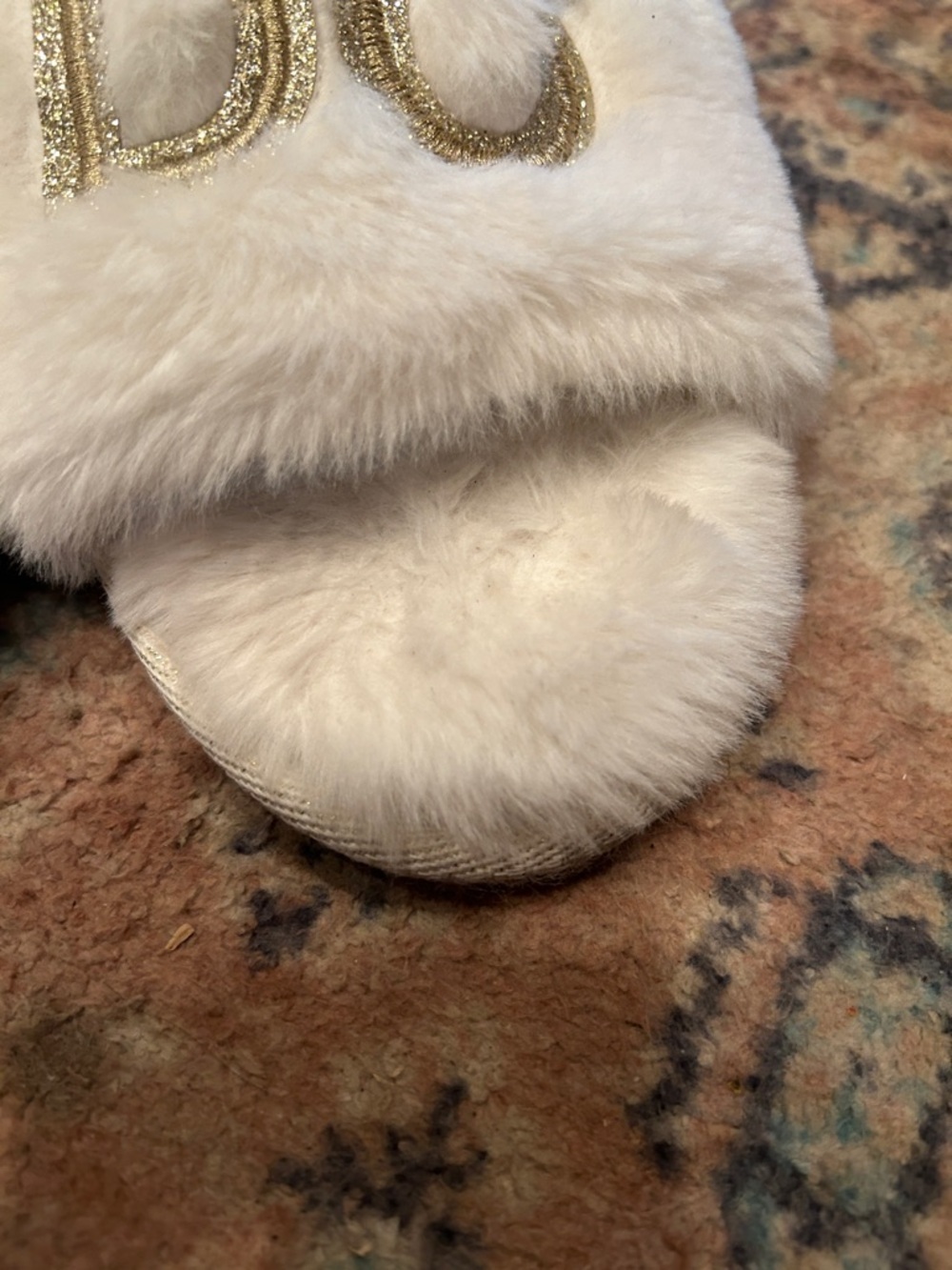 Dearfoams White Furry "I DO" Slippers with Gold Accent - Picture 9 of 9